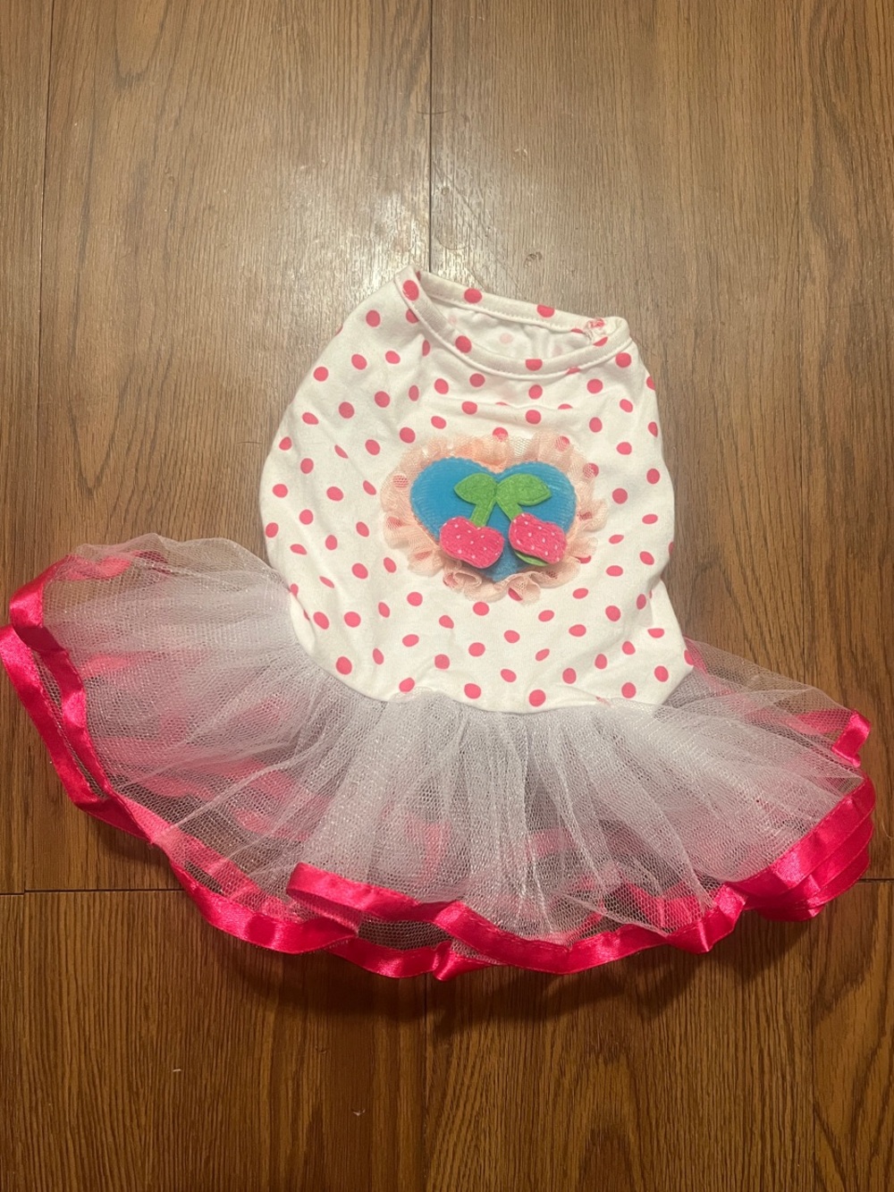 Pink Polka Dot Tulle Dog Dress with Cherry Applique